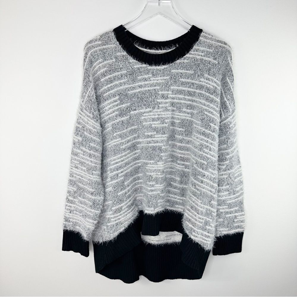Lou & Grey Womens Eyelash Fuzzy Sweater Crewneck Long Sleeve Black White Sz L
